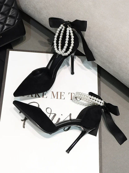 Shoes for Women 2023 Brand Spring Women's Pumps Pointed Toe Solid Flock Beads Bow Tie Buckle Shallow Mouth Novelty High Heels