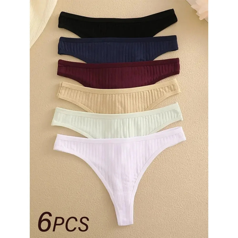 6Pcs/Set Women Cotton Thongs Panties Female Ribbed Low Rise G-String Ladies Sexy Bikini 7 Solid Color Girl Soft S-XL Intimates