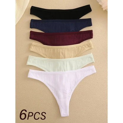 6Pcs/Set Women Cotton Thongs Panties Female Ribbed Low Rise G-String Ladies Sexy Bikini 7 Solid Color Girl Soft S-XL Intimates