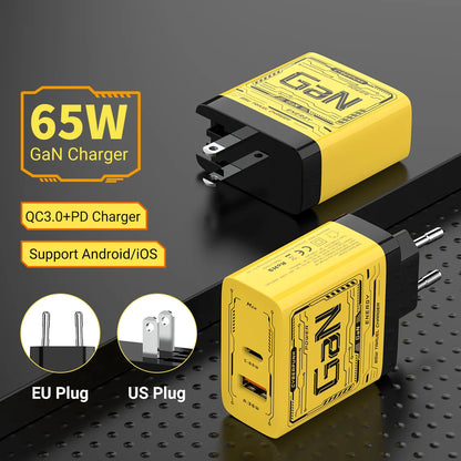 EU/US Plug PD65W GaN Fast Charger with Type-C and USB-A Interface Universal Dual Port Wall Charger Plug for Phones/Pads/Laptops