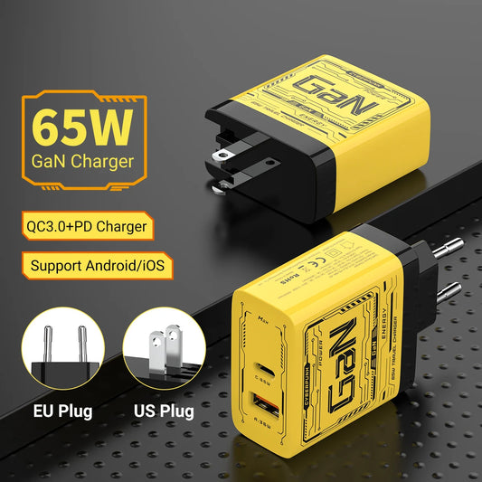 EU/US Plug PD65W GaN Fast Charger with Type-C and USB-A Interface Universal Dual Port Wall Charger Plug for Phones/Pads/Laptops