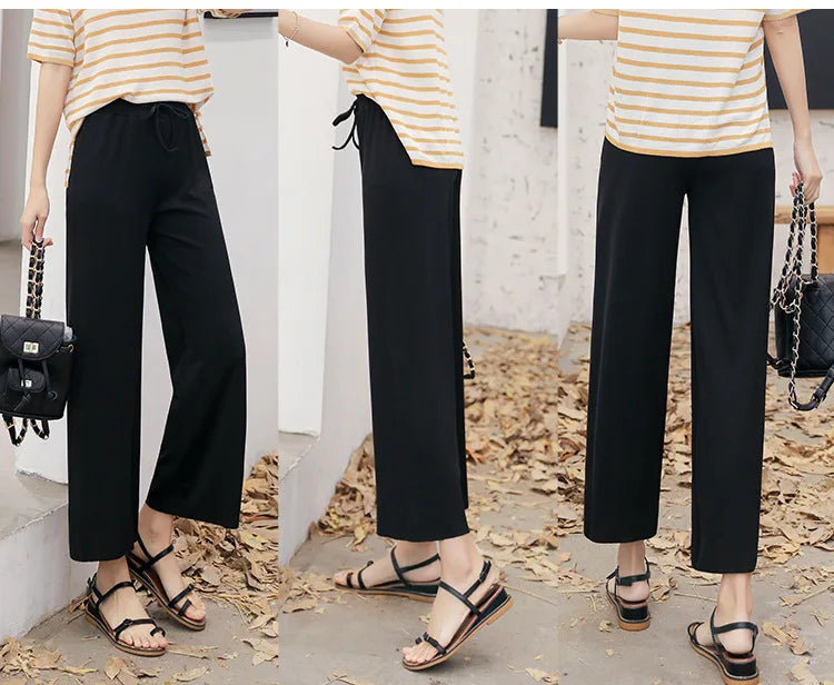 Women Ankle-Length Wide Leg Pants Casual Summer Solid Elastic Waist Loose Ice Silk Pants Spring Summer Female Trousers