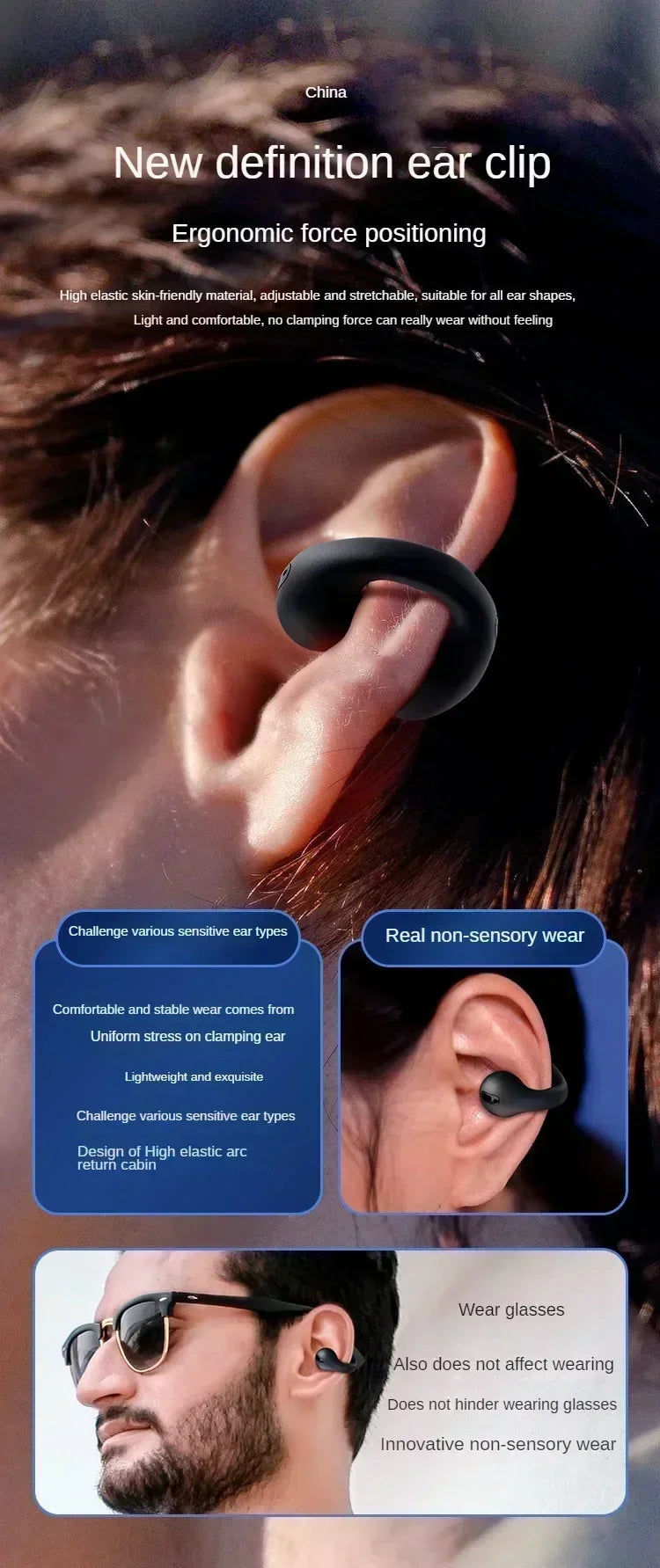 New Fone Bluetooth Headset 5.3 Wireless Air Conduction Headphones Clip Ear Music Noise Canceling HD Call Sports Gaming Earphone