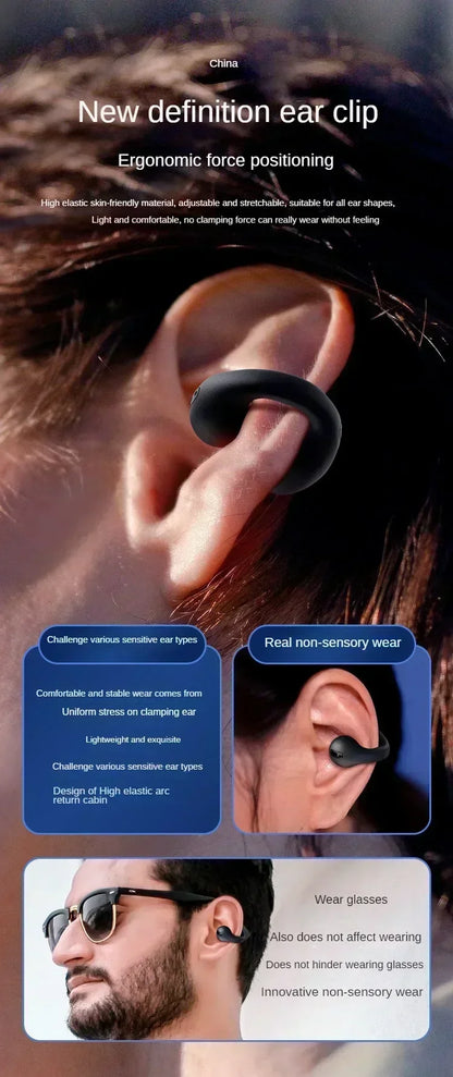 New Fone Bluetooth Headset 5.3 Wireless Air Conduction Headphones Clip Ear Music Noise Canceling HD Call Sports Gaming Earphone