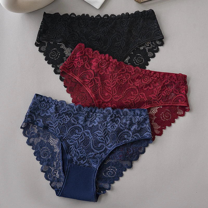3PCS/Set Luxury Floral Embroidery Lace Panties Women Briefs Sexy Hollow Lingerie Female Underwear Ladies Breathable Underpants
