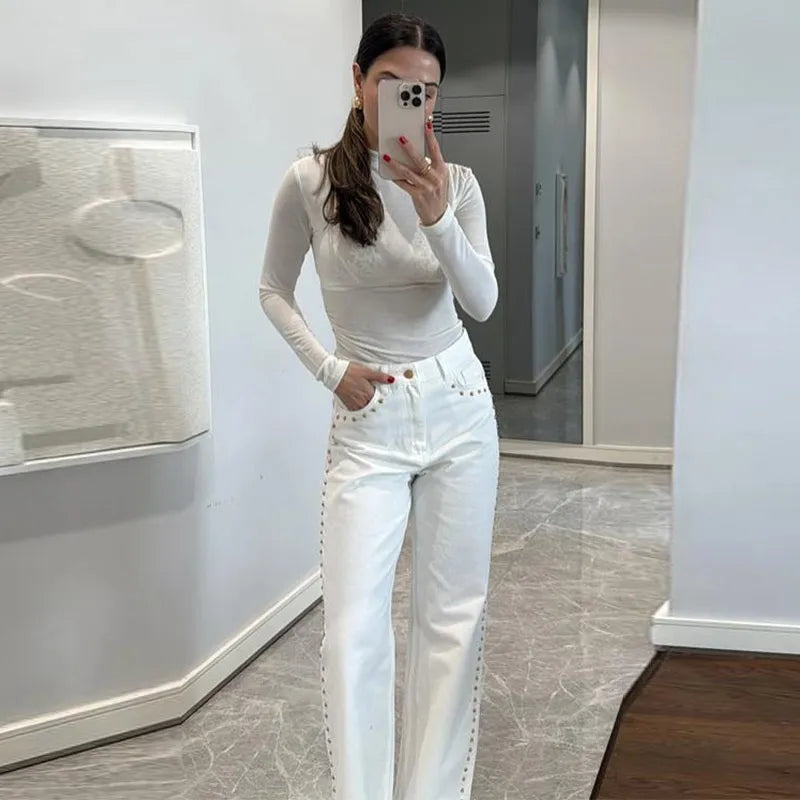 Casual Bead Jean Women Loose High Waisted Pockets Zipper All-match Straight Leg Trouser Female 2025 Y2k High Street Lady Outwear
