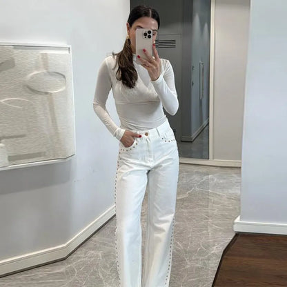 Casual Bead Jean Women Loose High Waisted Pockets Zipper All-match Straight Leg Trouser Female 2025 Y2k High Street Lady Outwear
