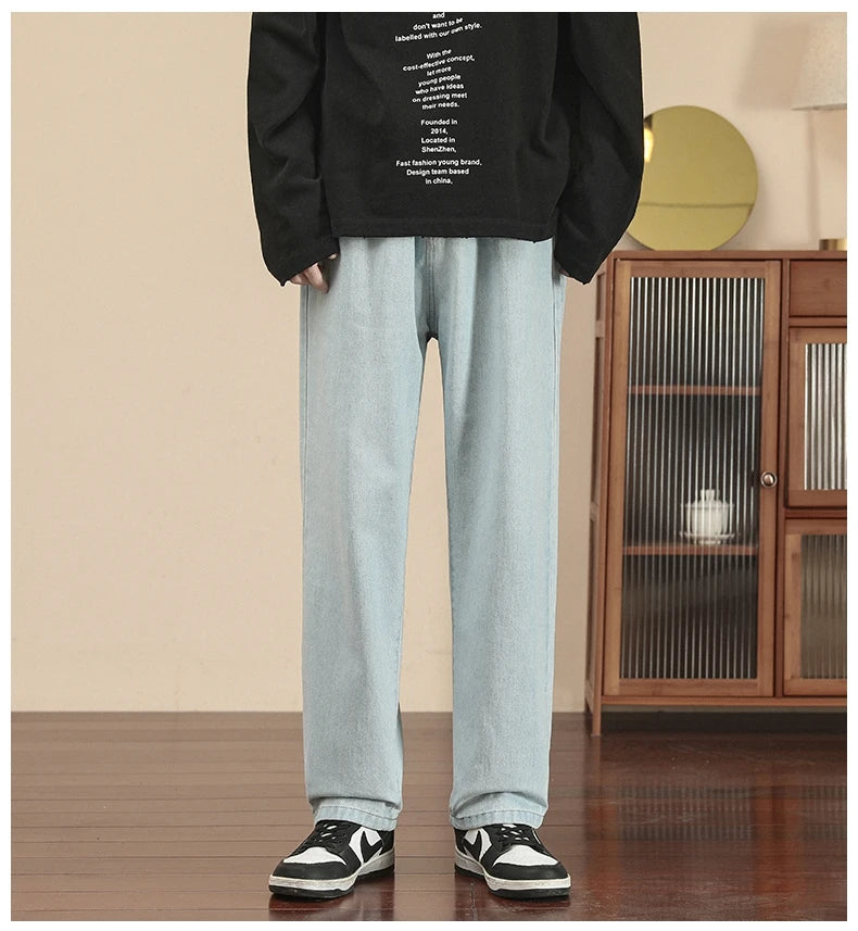 2023 New Korean Fashion Men's Casual Ankle-Length Jeans Classic Man Straight Denim Wide-leg Pants Light Blue Grey Black 3XL