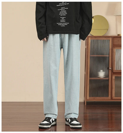 2023 New Korean Fashion Men's Casual Ankle-Length Jeans Classic Man Straight Denim Wide-leg Pants Light Blue Grey Black 3XL