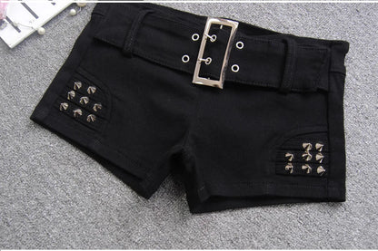 Denim Shorts Women Low-waisted Black Slim Fit Sexy Hot Girls Rivet Belt Design Unique All-match Nightclub Bodycon Summer Y2k