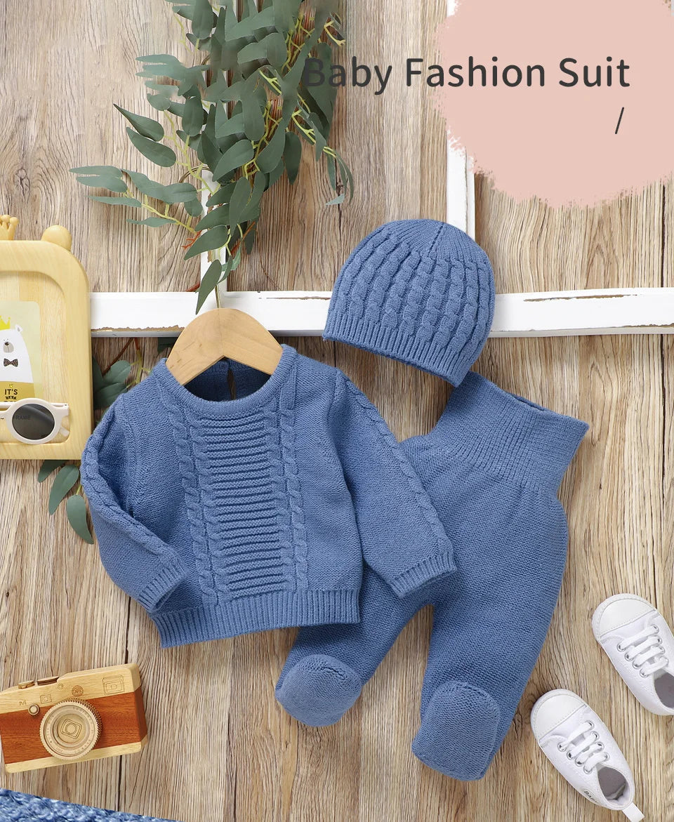 Kids Clothes Set 0-9M Autumn Winter Blue Casual Outerwear Newborn Infant Boys Long Sleeve Sweaters Pullovers+Pants Toddler Suits