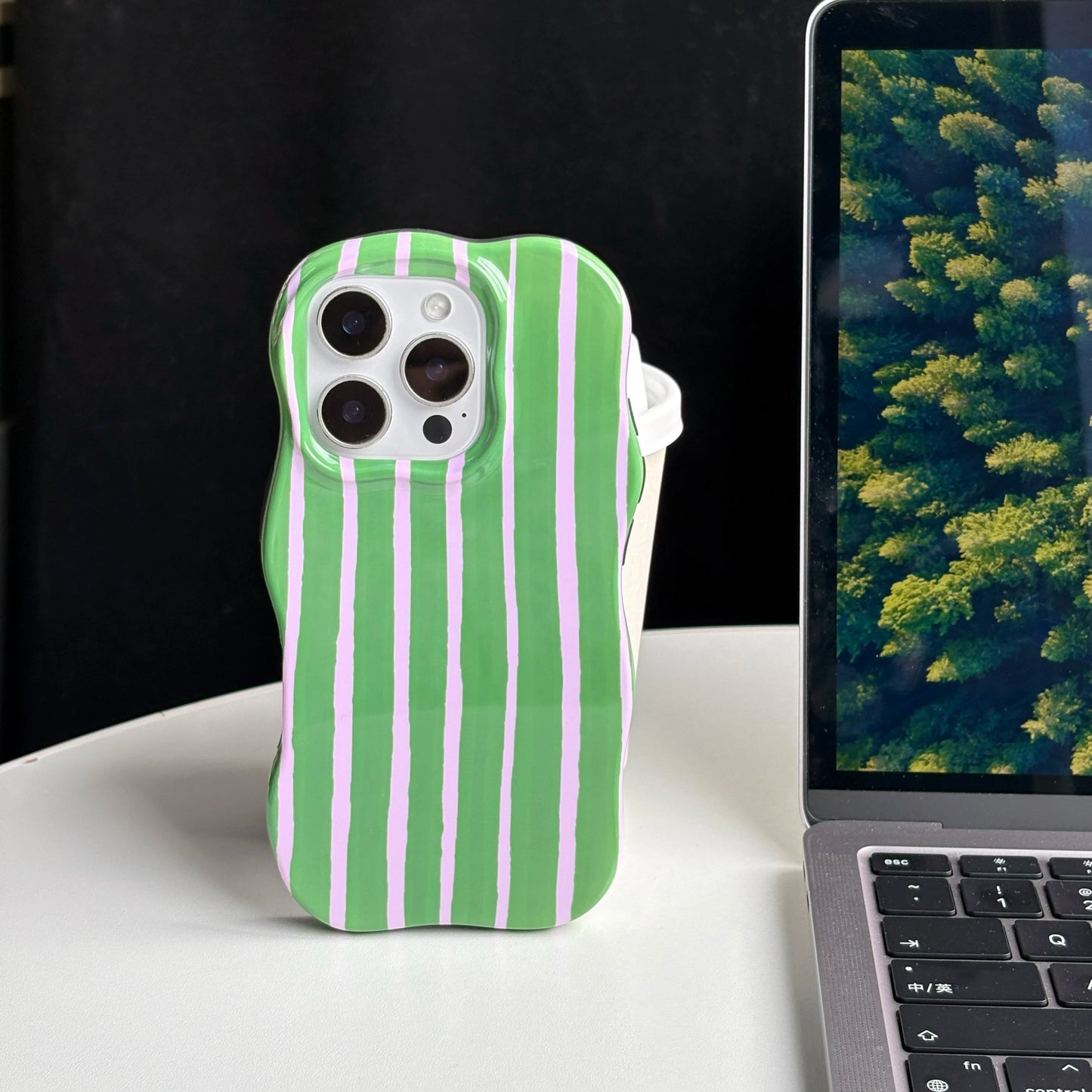 Fashion Simple Green Yellow Stripes Wavy Edges 2-in-1 Glossy Soft Protective Phone Case Cover for iPhone 16 15 14 13 12 Pro Max