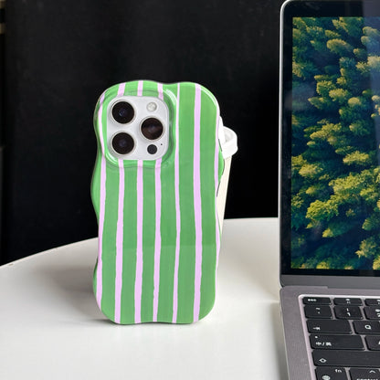 Fashion Simple Green Yellow Stripes Wavy Edges 2-in-1 Glossy Soft Protective Phone Case Cover for iPhone 16 15 14 13 12 Pro Max