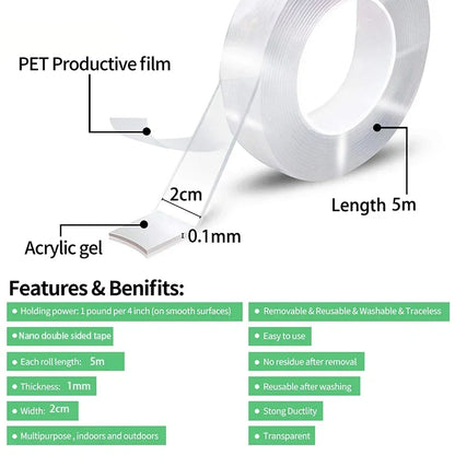 Nano Tape Transparent Double Sided Tape Waterproof Wall Stickers Reusable Heat Resistant Bathroom Home Decoration Tapes