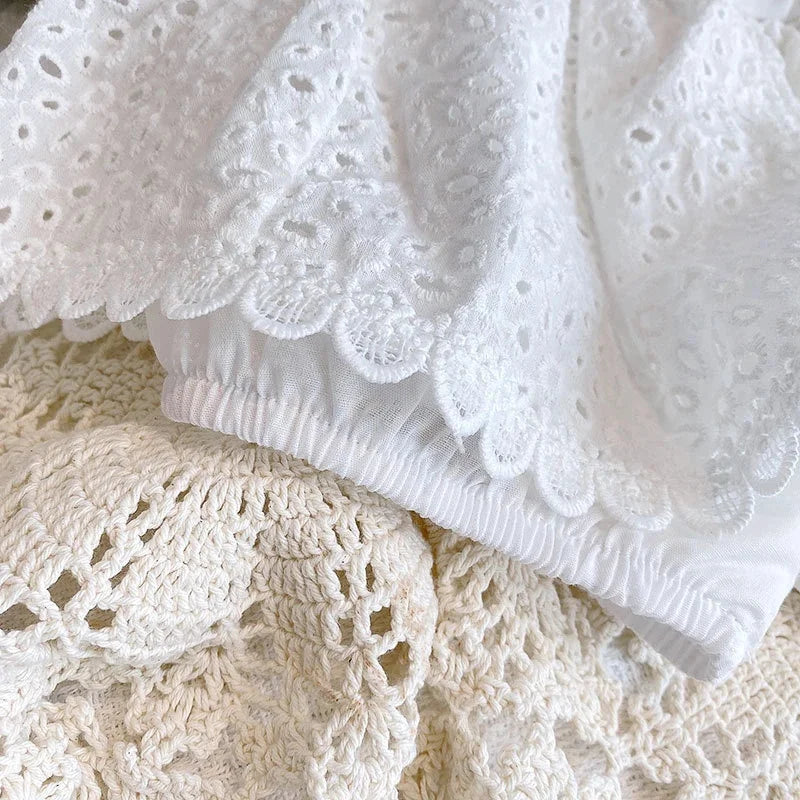 Korean Children's Clothing 2025 Summer Outfits Baby Sweet Hollow Cotton Halter Vest+Denims Shorts Kids Girls Casual Clothes Sets