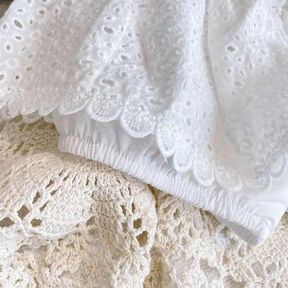 Korean Children's Clothing 2025 Summer Outfits Baby Sweet Hollow Cotton Halter Vest+Denims Shorts Kids Girls Casual Clothes Sets