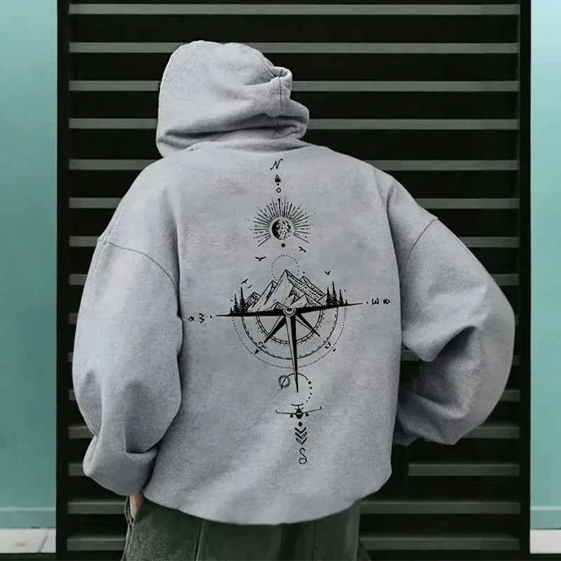 Vintage Compass Print Hoodies for Men High Quality Hooded Long Sleeve Pullover All Season Daily Casual Sports Tops Men's Clothes
