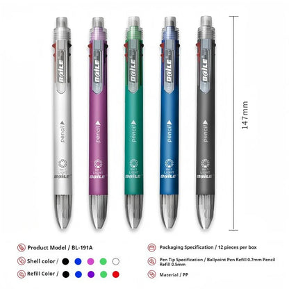 5-Color 0.7mm Ballpoint Pen And 0.5mm Automatic Pencil 6-in-1 Set Creative Writing Office And School Tool