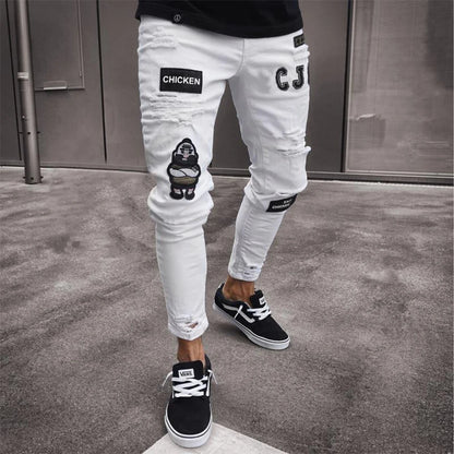 White Embroidery Skinny Ripped Jeans Men Cotton Stretchy Hole Slim Fit Hip Hop Denim Pants Casual Jeans for Men Jogging Trousers