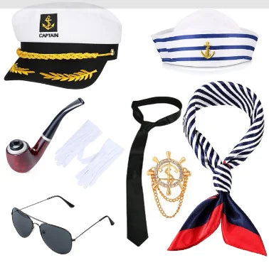 Halloween Dress Up Accessories Navy Cap Scarf Tie Sunglasses Cigarette Holder Chain assel Rudder Brooch Sailor Navy Set of Eight