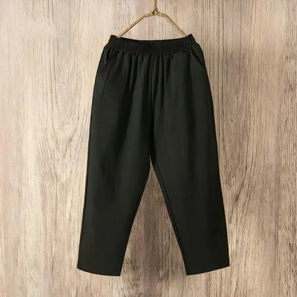 Women Summer Casual Loose Harem Elastic Waist Cotton Linen Pants Ninth Trousers