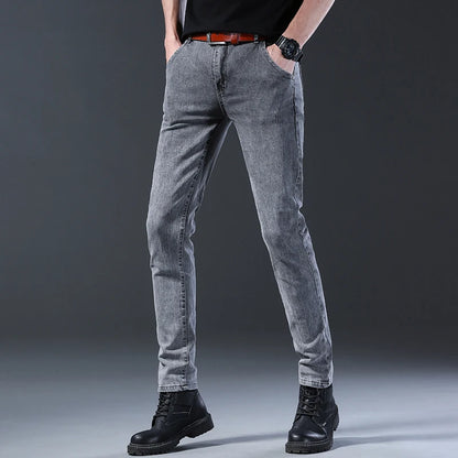 New style jeans, men's slim fit, Korean style comfortable straight leg elastic gray mid waist pants, men's casual denim pants