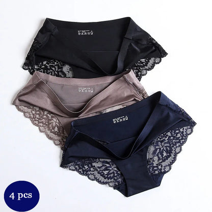 4PCS Luxury Pearl Lace Patchwork Sexy Panties One-piece Seamless Women's Briefs L - 2XL Plus Size