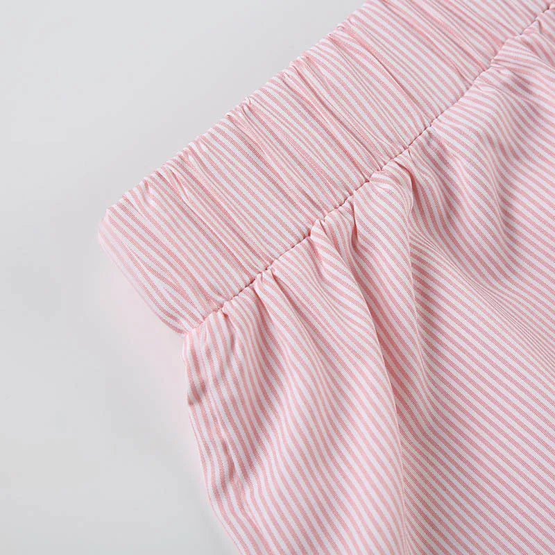 Women's Striped Print Casual Elastic Waist Shorts Y2K Loose Fit Summer Streetwear Chic Basic Fashion Button Detail