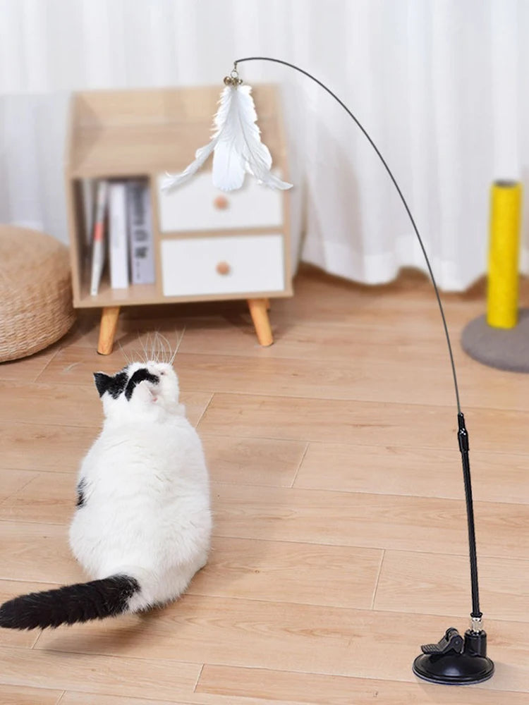 New Cat Toy Feather Stick Interactive Toy Super Suction Kitten Toy Cup Removable 2 Feather Replacement Cat Accessories