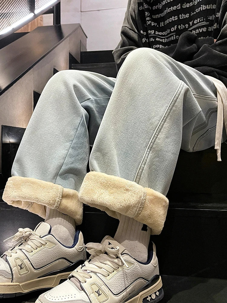 Winter Men's Jeans Korean Fashion Fleece Liner Thick Warm Straight Denim Pants Washed Cotton Retro Blue Wide Leg Jean Trousers