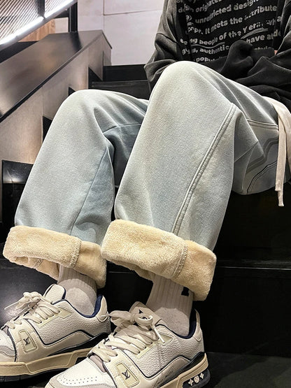 Winter Men's Jeans Korean Fashion Fleece Liner Thick Warm Straight Denim Pants Washed Cotton Retro Blue Wide Leg Jean Trousers