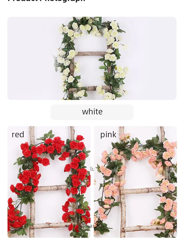 2.5m 1.8m Rose Artificial Flower Vine For Wedding Garland White Pink Home Room Wedding Decoration Silk Artificial Rose Vine Han