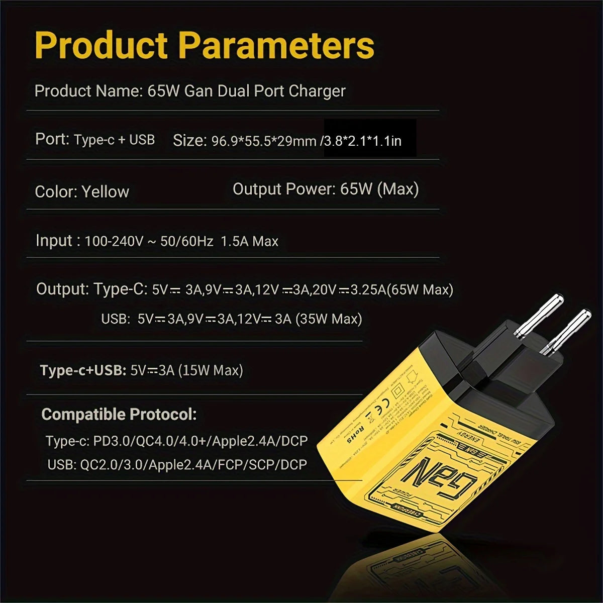 EU/US Plug PD65W GaN Fast Charger with Type-C and USB-A Interface Universal Dual Port Wall Charger Plug for Phones/Pads/Laptops