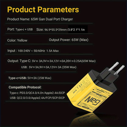 EU/US Plug PD65W GaN Fast Charger with Type-C and USB-A Interface Universal Dual Port Wall Charger Plug for Phones/Pads/Laptops