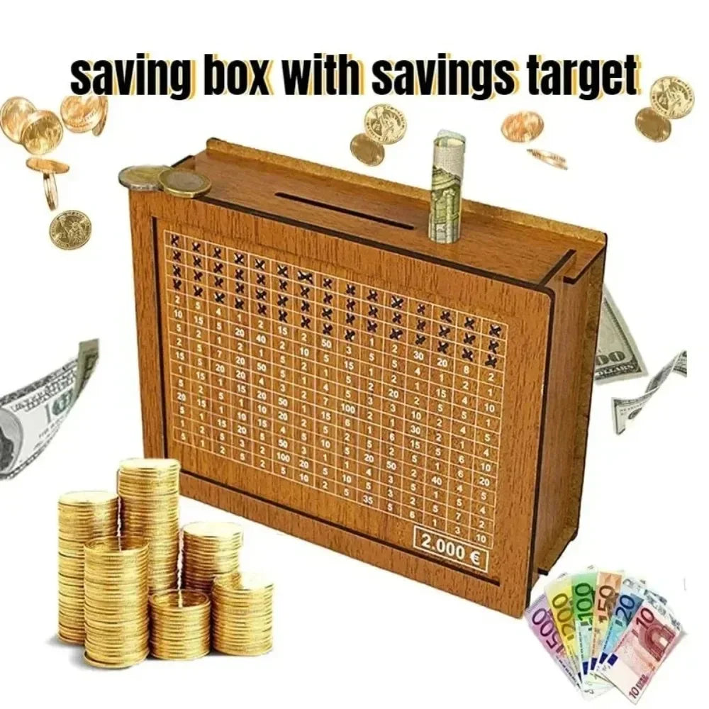 1 Pcs Wooden DIY Piggy Bank Reusable Handmade Money Box, Piggy Bank with Saving Goal and Numbers To Help The Habit of Saving