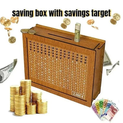 1 Pcs Wooden DIY Piggy Bank Reusable Handmade Money Box, Piggy Bank with Saving Goal and Numbers To Help The Habit of Saving
