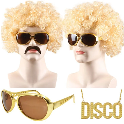 Men Hippie Costume Set Disco Costume Accessories Women Disco Necklace Sunglasses Mustache Halloween Party Character Costumes
