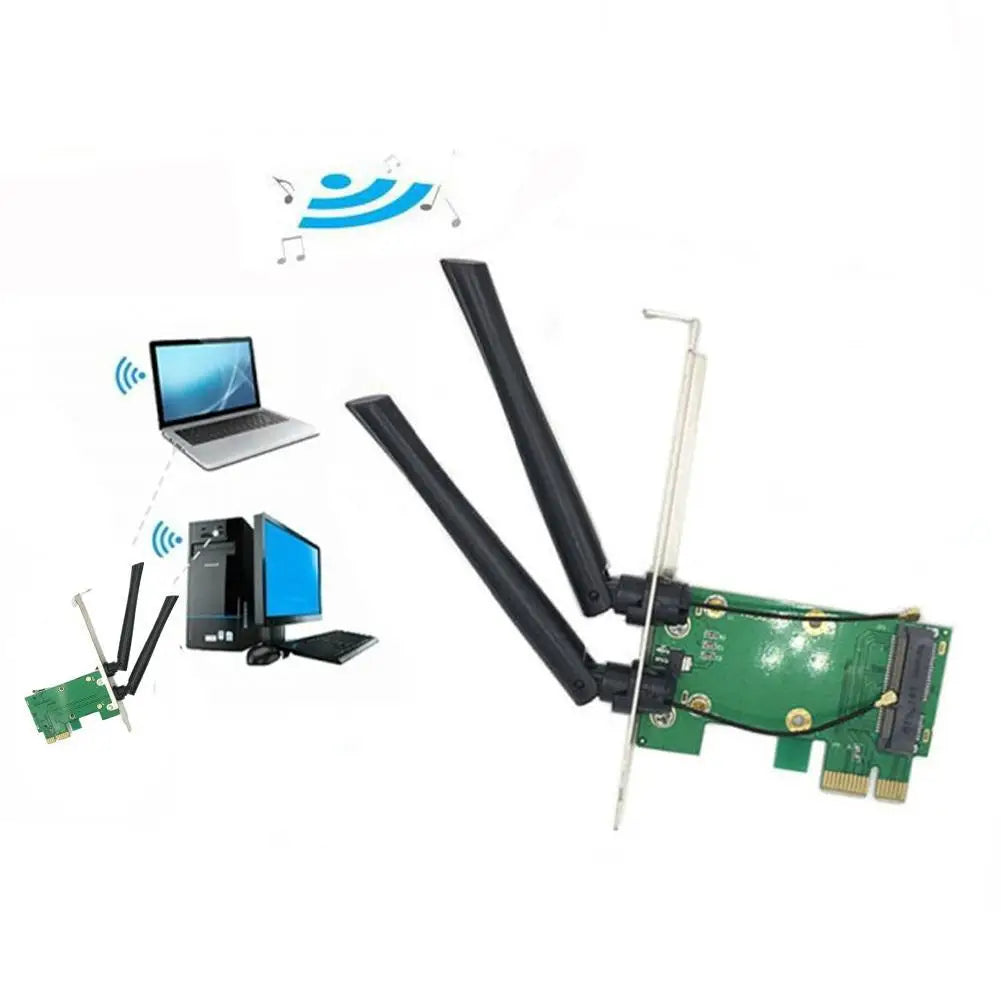 Wireless Wifi Network Card Mini PCIE To PCI-E 1X Desktop Adapter Accessories Antennas Computer Parts 2 Antennas Adapter