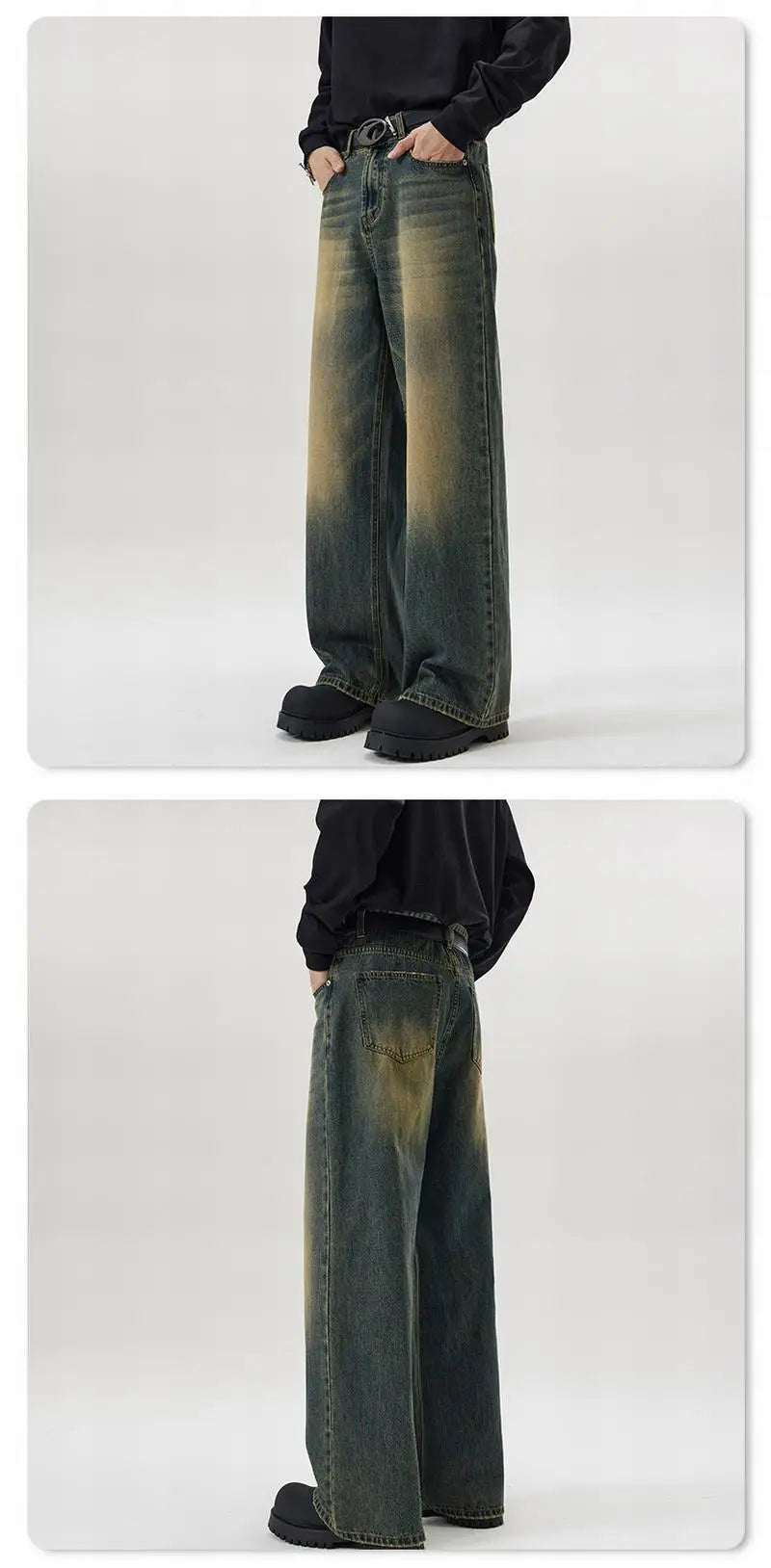 Vintage Distressed Men's Baggy Straight Jeans Spring Autumn Korean High Street Moustache Effect Denim Pants Streetwear Trousers