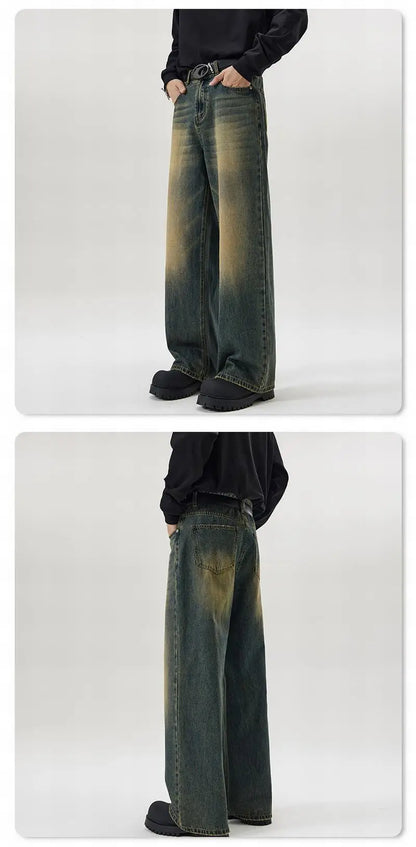 Vintage Distressed Men's Baggy Straight Jeans Spring Autumn Korean High Street Moustache Effect Denim Pants Streetwear Trousers
