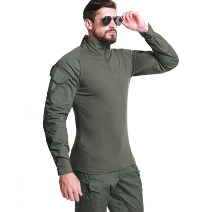 Men's Long Sleeve Combat Shirt 1/4 Zipper Ripstop Cotton Tactical Shirts Navy Blue Camoufalge Airsoft T Shirts