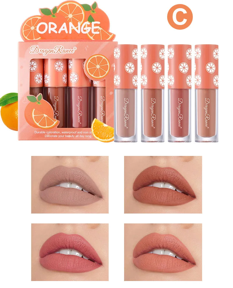 Mini Velvet Matte Lip Gloss Set, 4-Piece Non-Fading, Non-Stick Cup, Long-Lasting Fruit Scented Lip Tint, Smooth and Lightweight