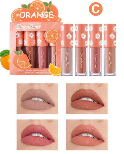 Mini Velvet Matte Lip Gloss Set, 4-Piece Non-Fading, Non-Stick Cup, Long-Lasting Fruit Scented Lip Tint, Smooth and Lightweight