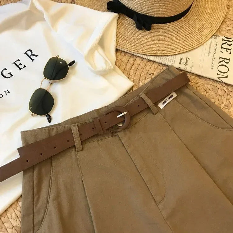 Cargo wide leg pants female summer new style thin five cent pants loose all match high waist casual pants
