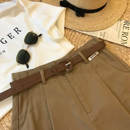 Cargo wide leg pants female summer new style thin five cent pants loose all match high waist casual pants