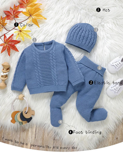 Kids Clothes Set 0-9M Autumn Winter Blue Casual Outerwear Newborn Infant Boys Long Sleeve Sweaters Pullovers+Pants Toddler Suits