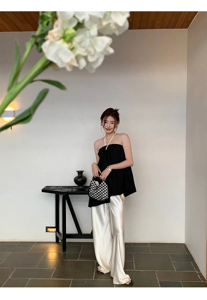 Satin Wide Leg Pants Long Floor Casual Pants Women's Summer