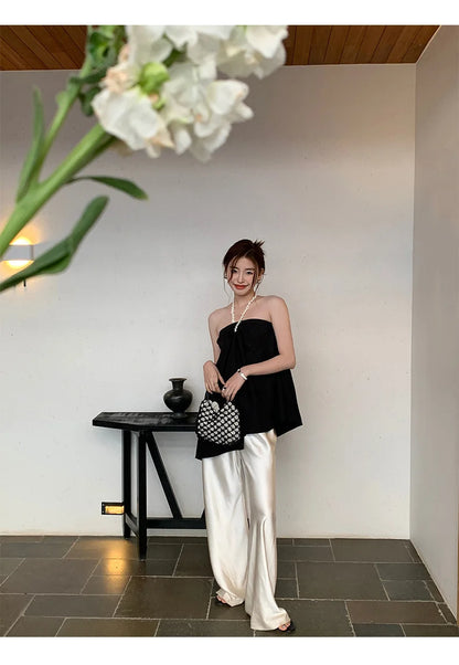 Satin Wide Leg Pants Long Floor Casual Pants Women's Summer