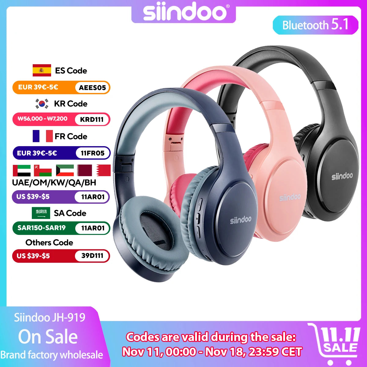 Siindoo Wireless Bluetooth Headphones 3 Colors Foldable Stereo Earphones Super Bass Noise Canceling Mic Headset JH-919 For TV PC