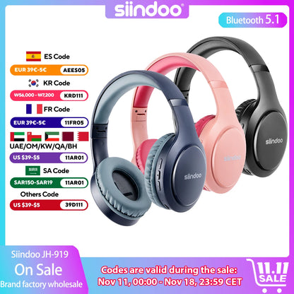 Siindoo Wireless Bluetooth Headphones 3 Colors Foldable Stereo Earphones Super Bass Noise Canceling Mic Headset JH-919 For TV PC